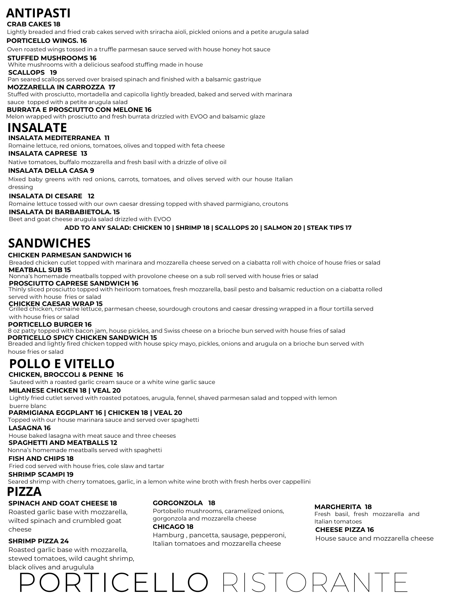 Menu, South Easton, MA Porticello Ristorante